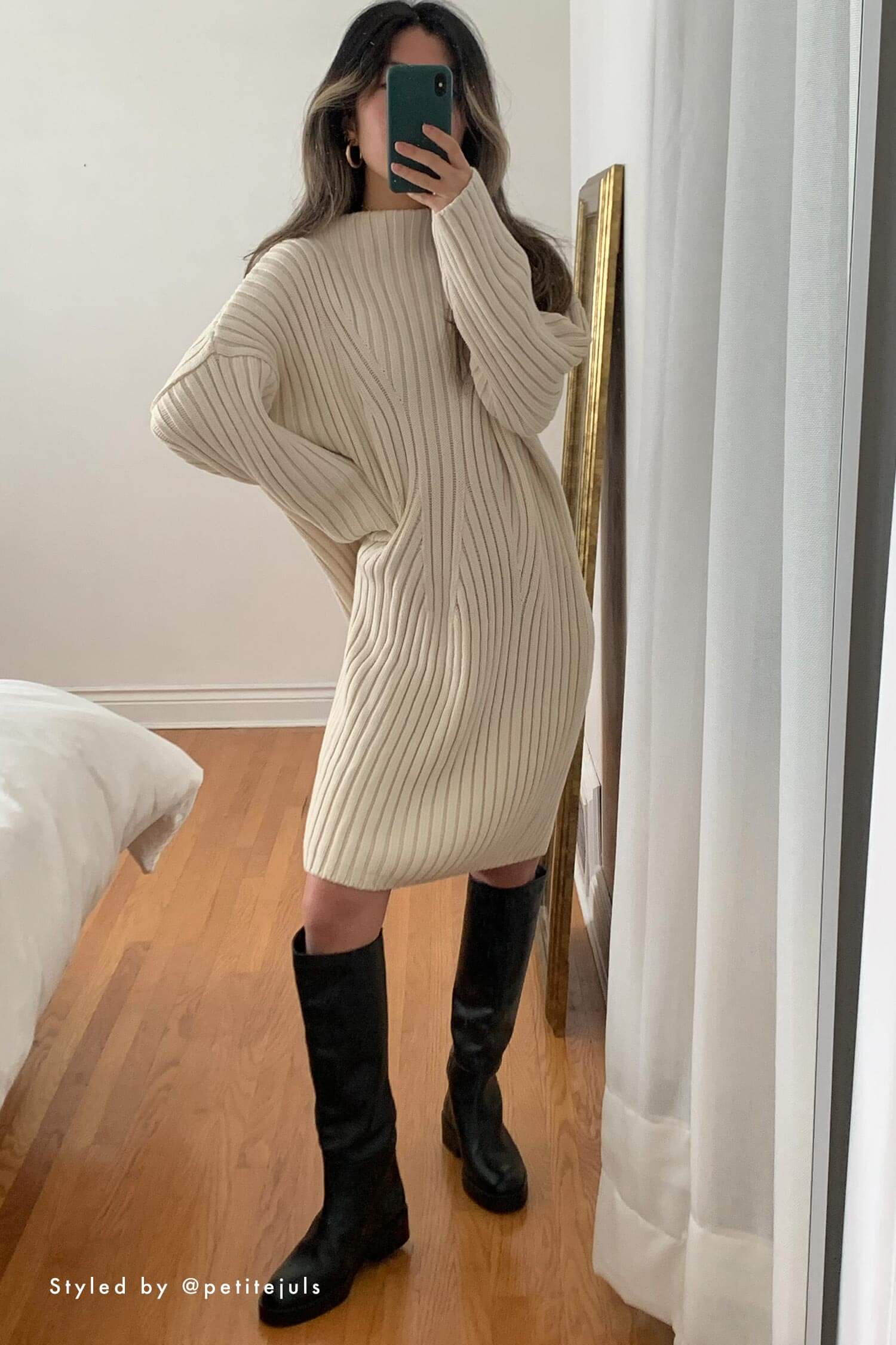 Knitted high boat neck jumper dress Mila.Vert
