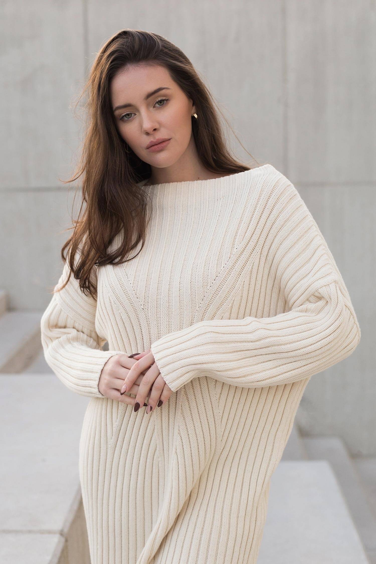CHICWISH Women Cable Knit Sweater Dress Boat Neck High Waisted Knit Dresses  Elbow Sleeves Solid Fall Trendy Casual Long Dress Apricot at Amazon 
