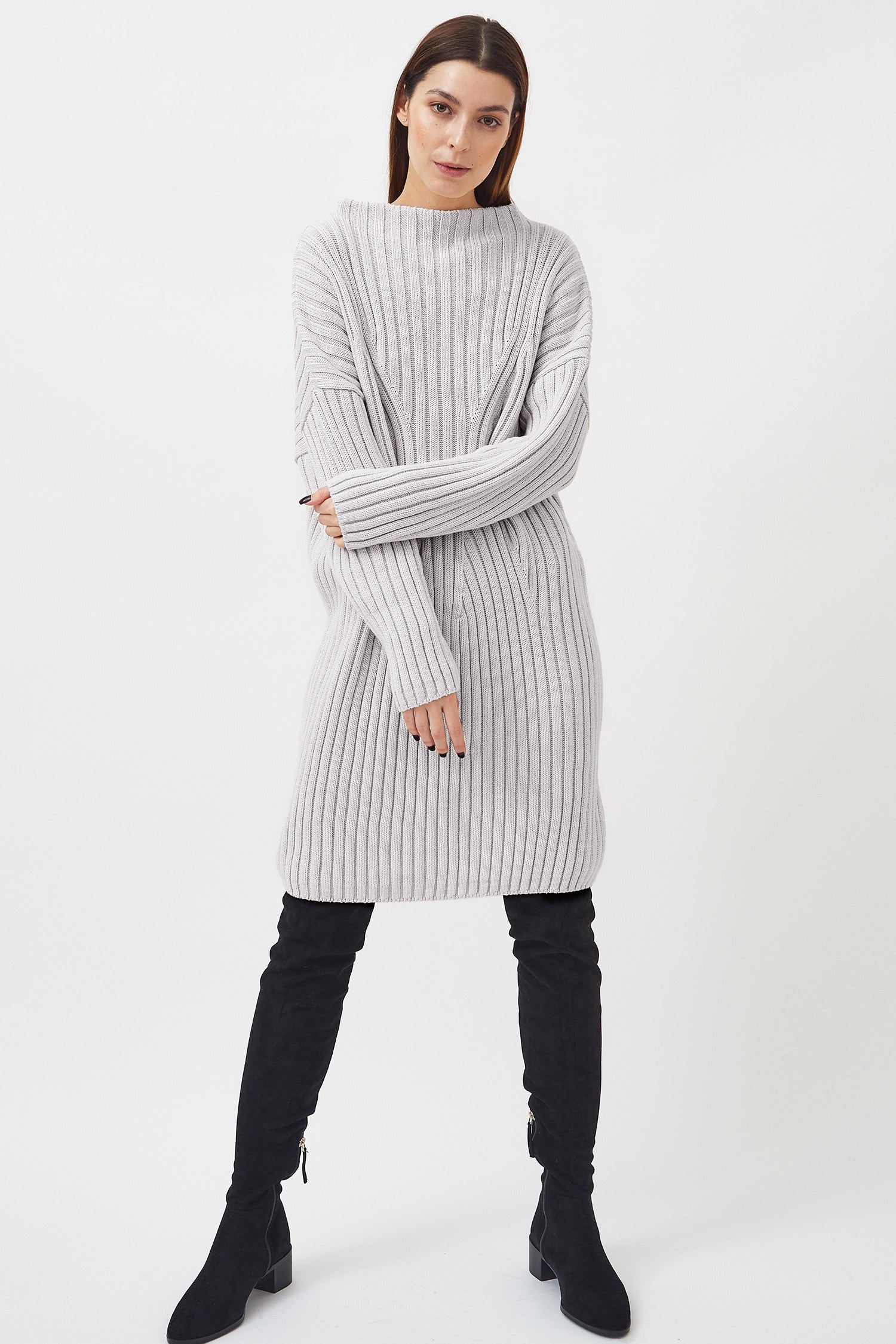 Knitted high boat neck jumper dress I Women s knitted light grey dress crafted for eco conscious luxury Mila.Vert