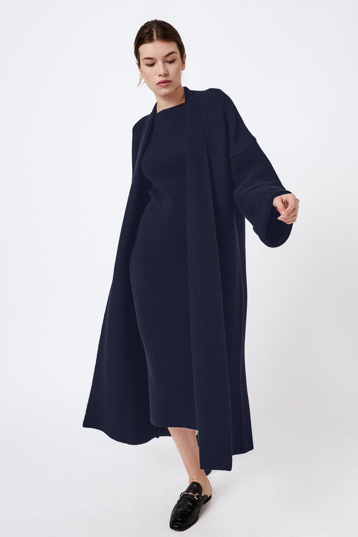 Knitted long cardigan coat and Knitted long-sleeved boat neck dress