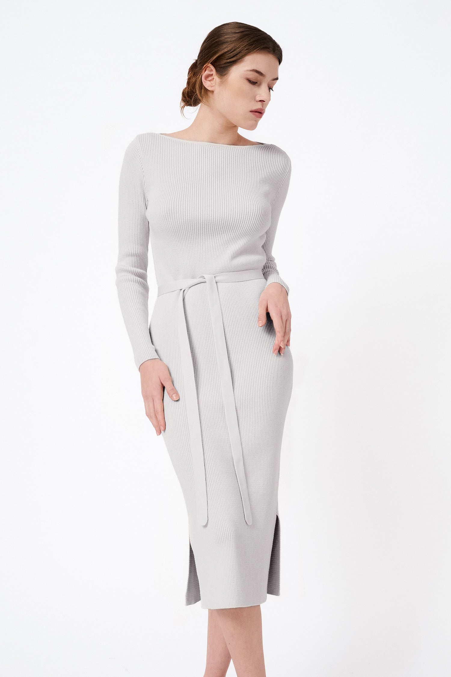 Knitted organic cotton long sleeved boat neck dress Mila.Vert
