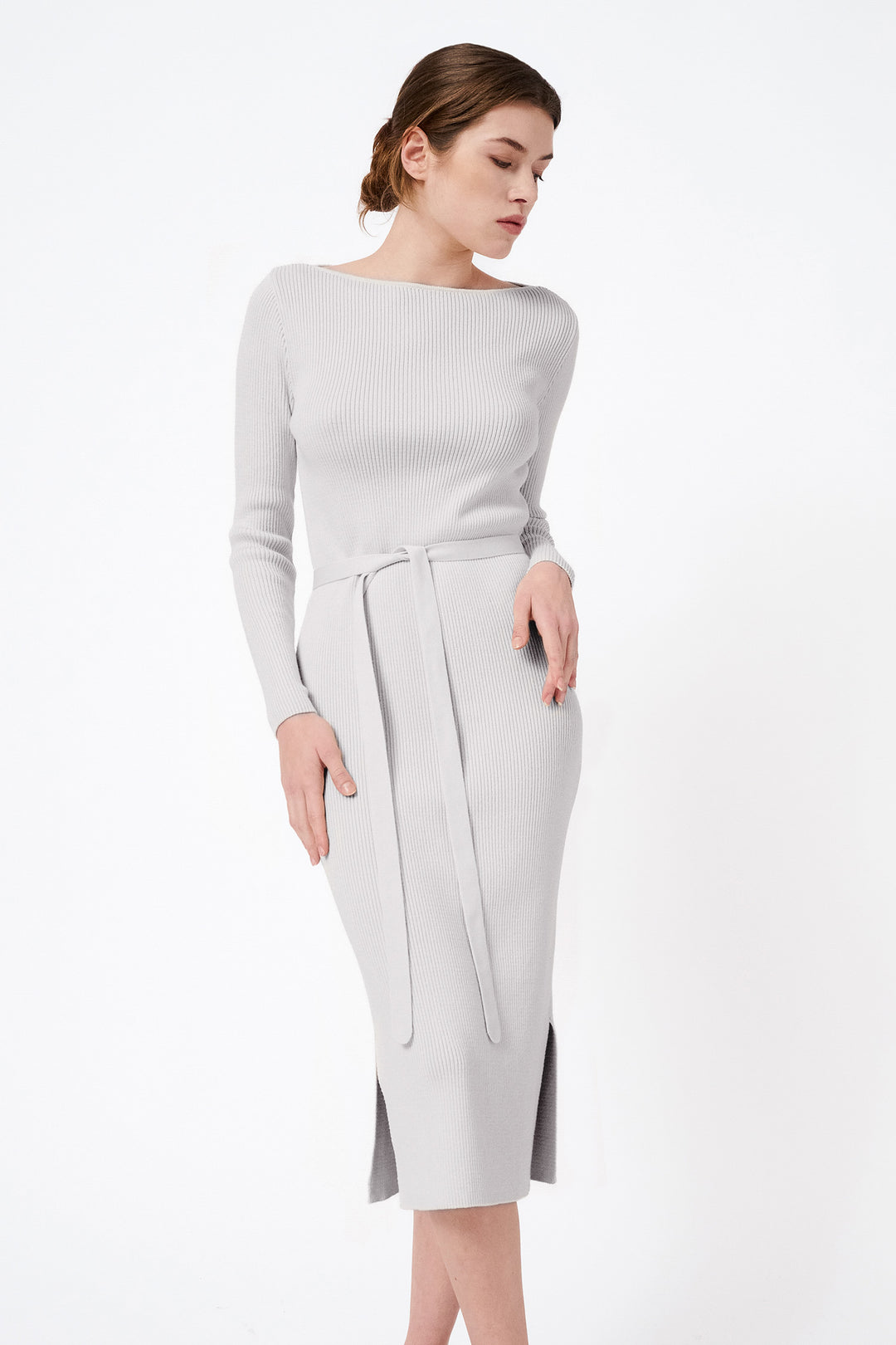 Grey knitted organic cotton maxi dress with a boat neck and tank style, featuring a relaxed silhouette that exemplifies quiet luxury and high-quality craftsmanship.