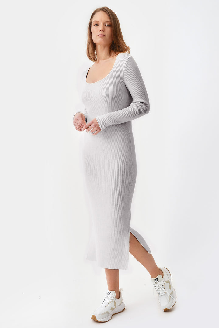 Organic cotton round neck maxi dress in grey, designed with a sleek, full-length silhouette and soft, comfortable fabric for a classic, eco-conscious wardrobe.